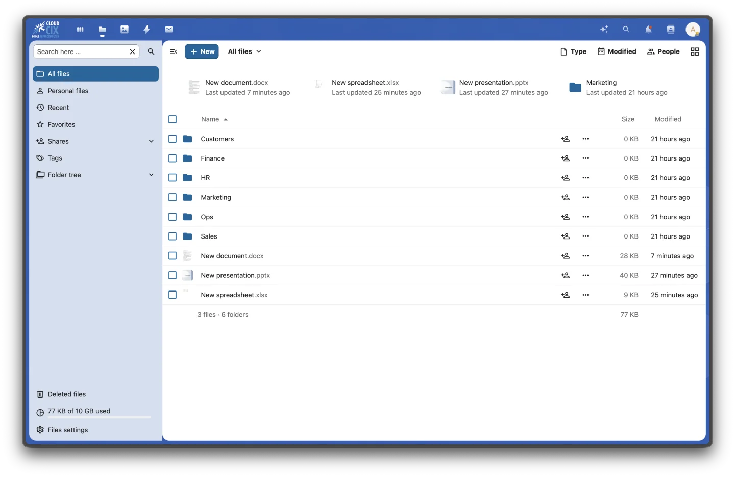 CloudCIX EU Files workspace showing shared team folders and documents
