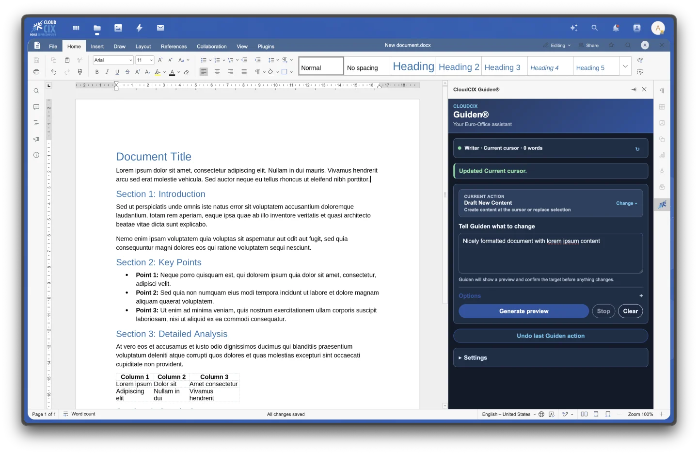 CloudCIX Writer document editor with its AI assistant panel open